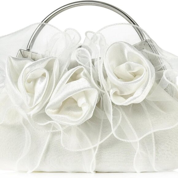 Women Satin Flower Evening Clutch Bag 3D Rose Handbag for Wedding Prom - Picture 1 of 7